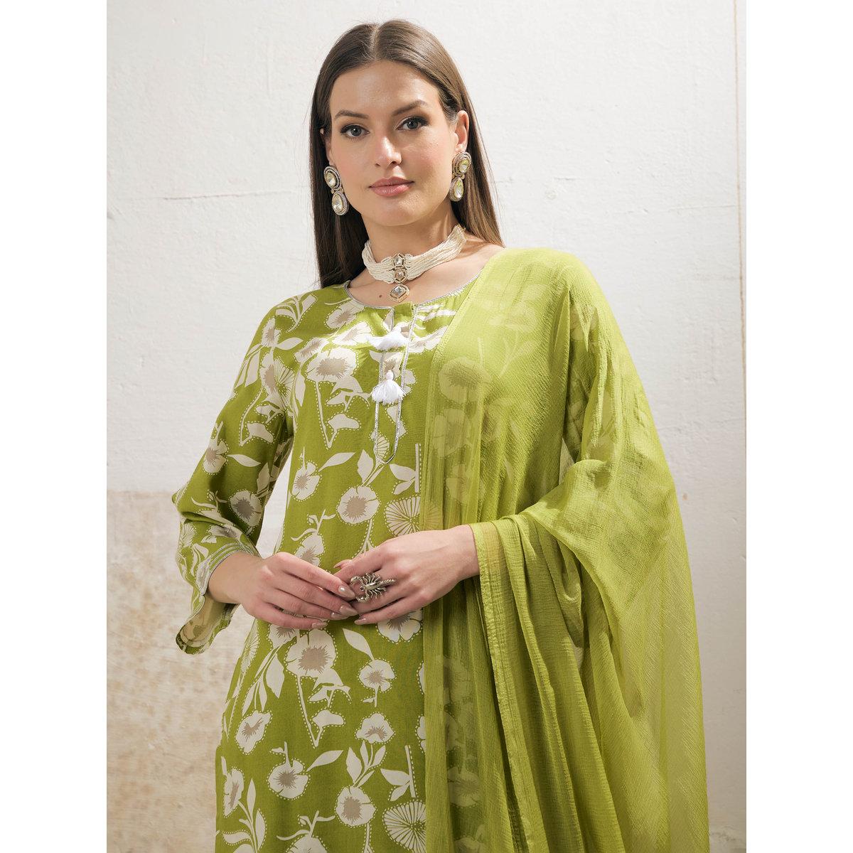 Shae by SASSAFRAS Green and White Floral Rayon Kurta with Salwar and Dupatta Set-women-clothing-ethnicwear-sareesets-image-5
