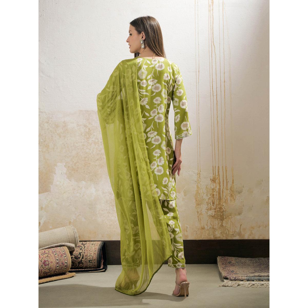 Shae by SASSAFRAS Green and White Floral Rayon Kurta with Salwar and Dupatta Set-women-clothing-ethnicwear-sareesets-image-6