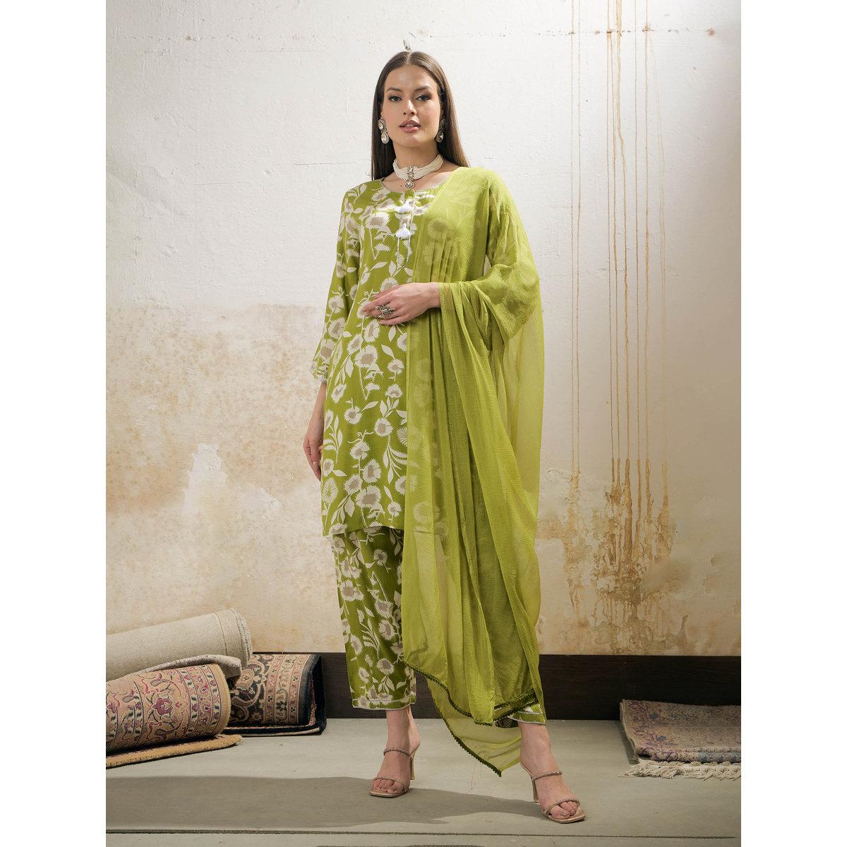 Shae by SASSAFRAS Green and White Floral Rayon Kurta with Salwar and Dupatta Set-women-clothing-ethnicwear-sareesets-image-8