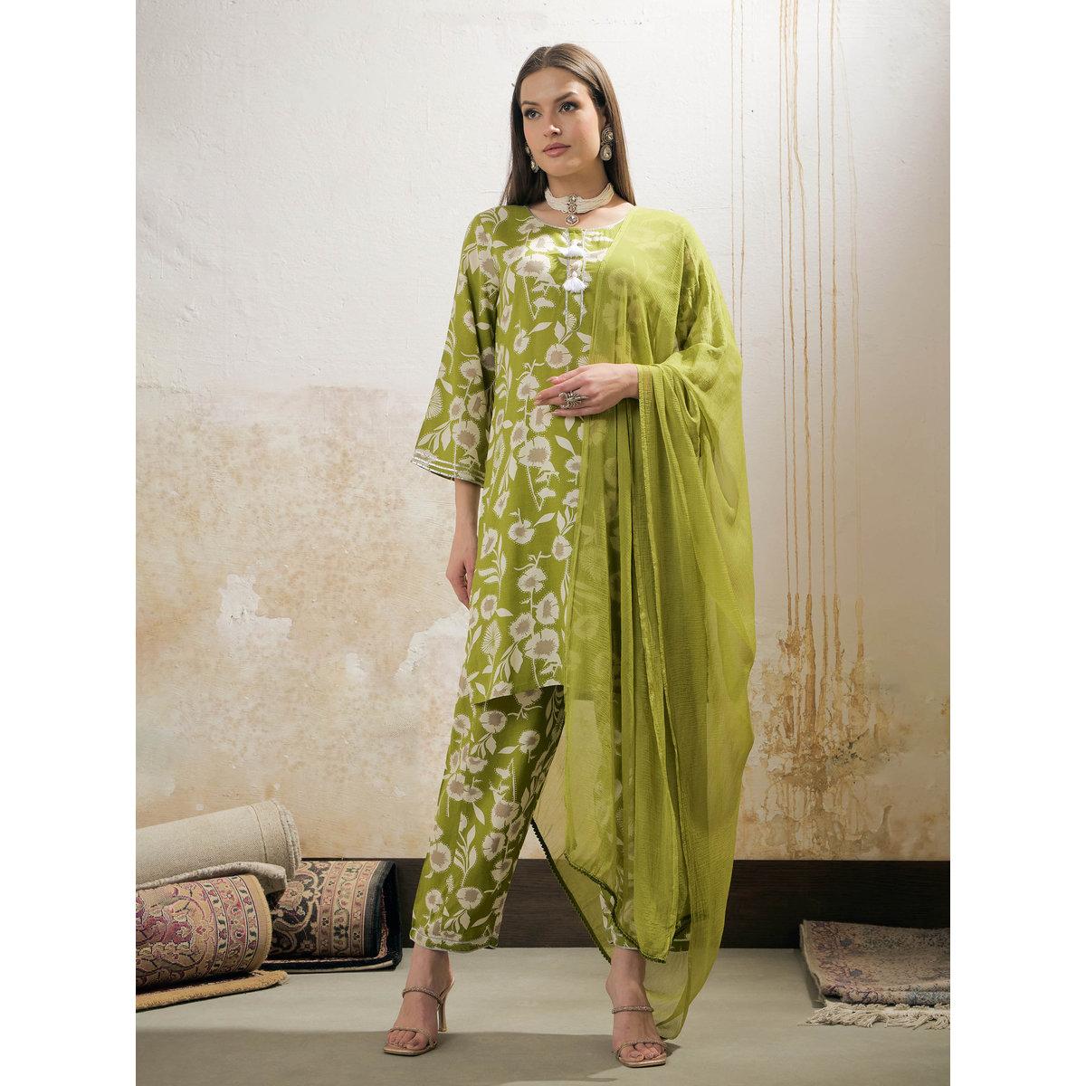 Shae by SASSAFRAS Green and White Floral Rayon Kurta with Salwar and Dupatta Set-women-clothing-ethnicwear-sareesets-image-9