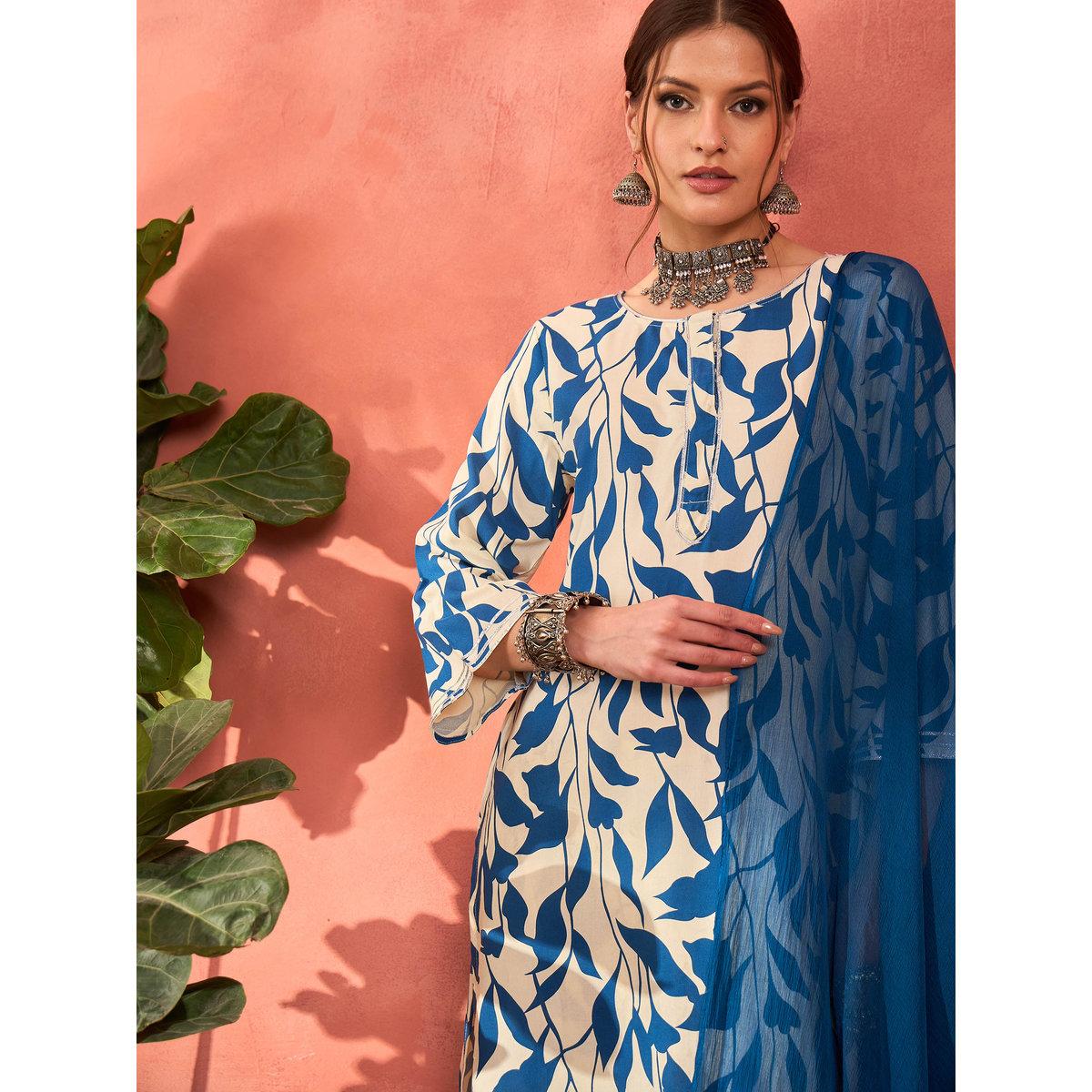 Shae by SASSAFRAS White and Blue Floral Rayon Kurta with Salwar and Dupatta Set-women-clothing-ethnicwear-sareesets-image-1