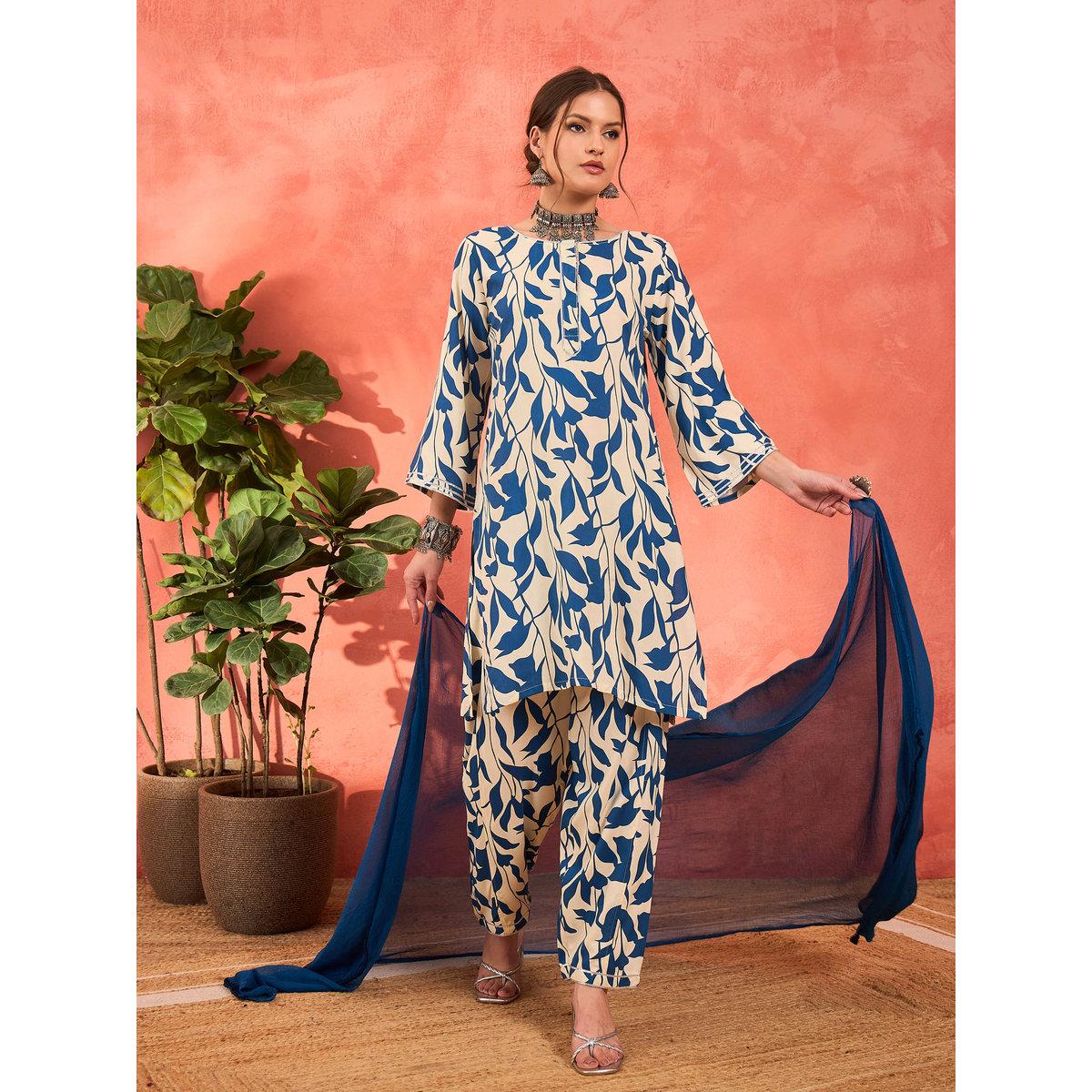 Shae by SASSAFRAS White and Blue Floral Rayon Kurta with Salwar and Dupatta Set-women-clothing-ethnicwear-sareesets-image-2