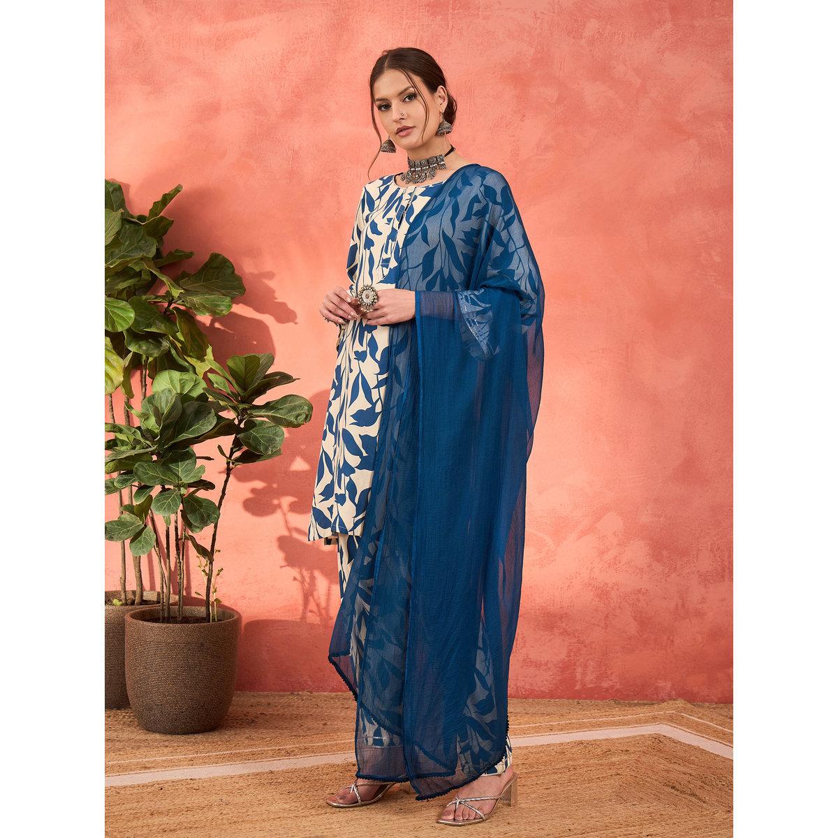 Shae by SASSAFRAS White and Blue Floral Rayon Kurta with Salwar and Dupatta Set-women-clothing-ethnicwear-sareesets-image-3