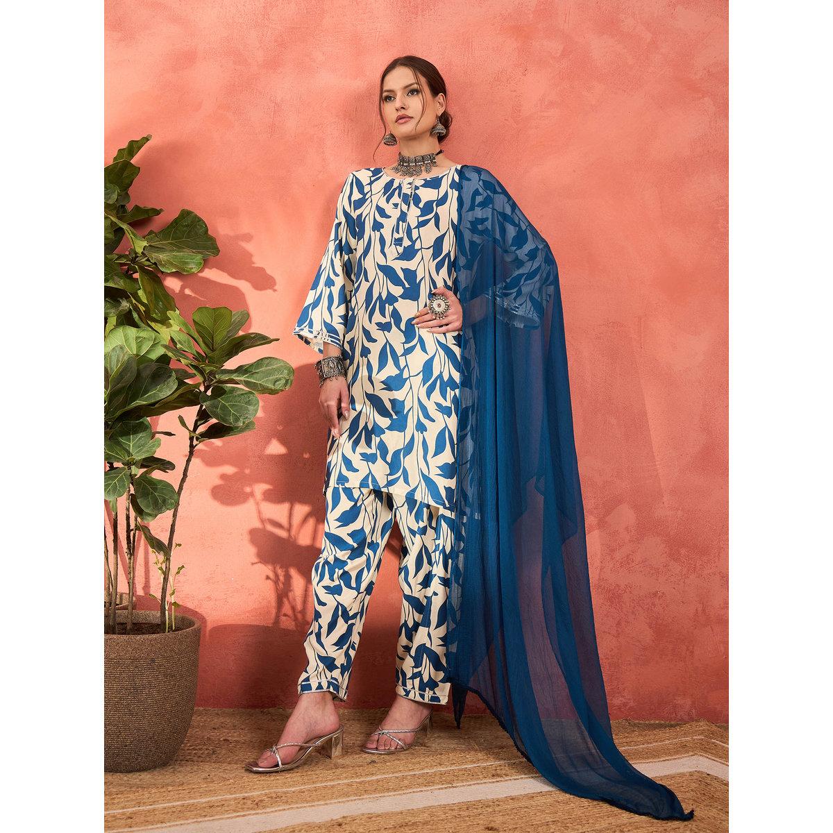 Shae by SASSAFRAS White and Blue Floral Rayon Kurta with Salwar and Dupatta Set-women-clothing-ethnicwear-sareesets-image-4