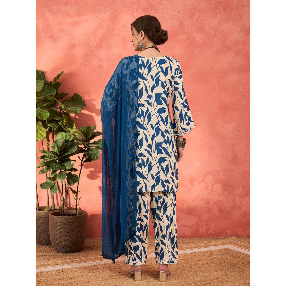 Shae by SASSAFRAS White and Blue Floral Rayon Kurta with Salwar and Dupatta Set-women-clothing-ethnicwear-sareesets-image-6