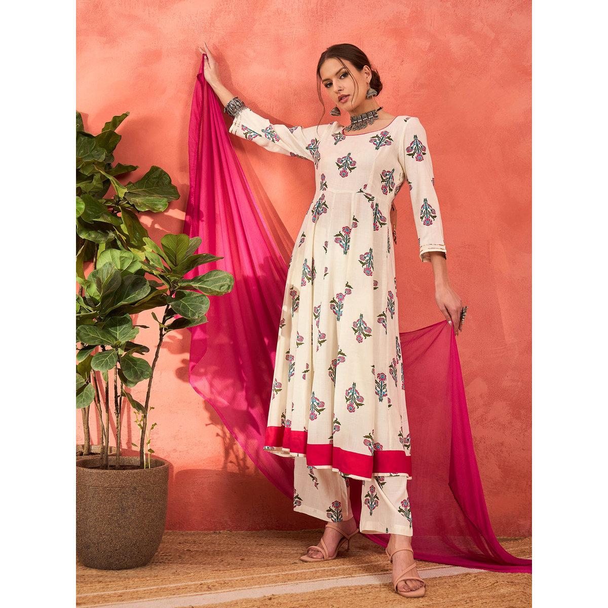 Shae by SASSAFRAS White Floral Rayon Anarkali Kurta with Straight Pants and Dupatta Set-women-clothing-ethnicwear-sareesets-image-1