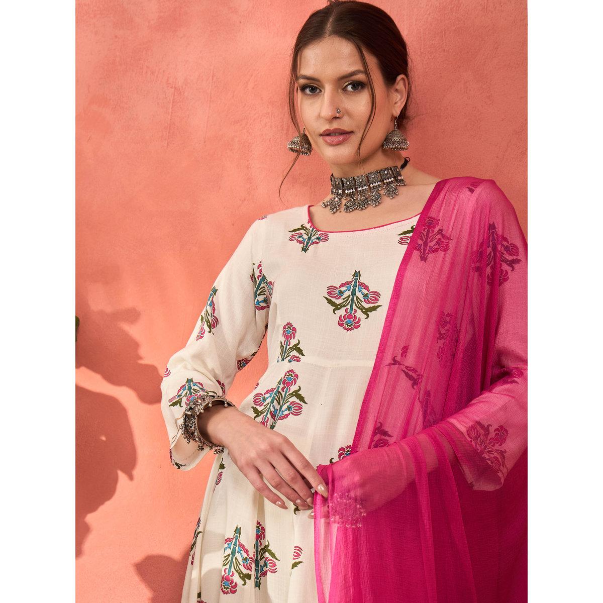 Shae by SASSAFRAS White Floral Rayon Anarkali Kurta with Straight Pants and Dupatta Set-women-clothing-ethnicwear-sareesets-image-2