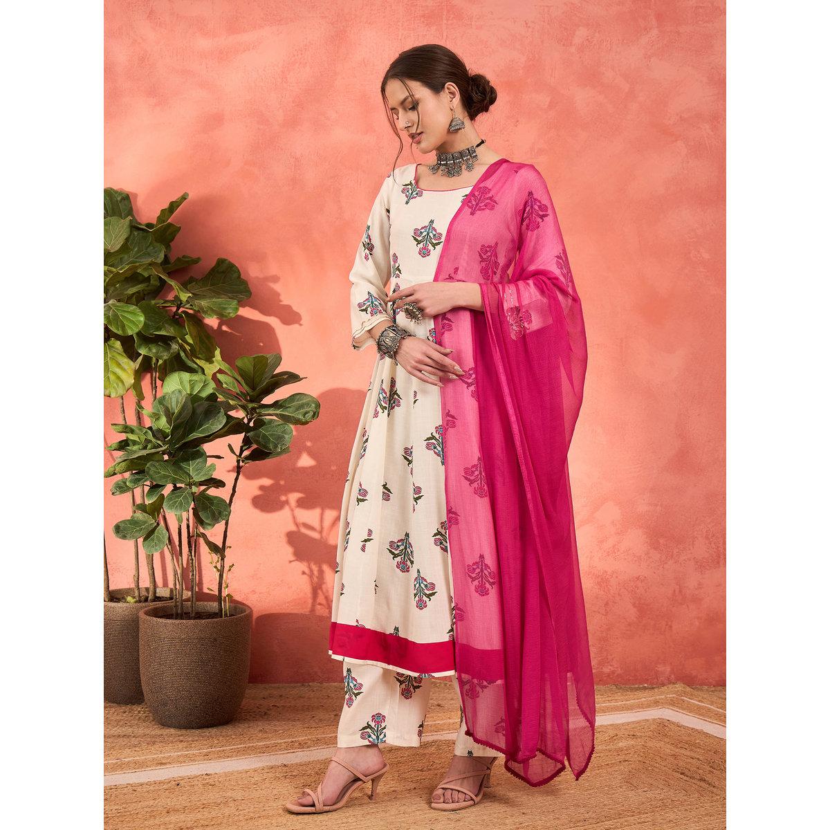 طقم من كورتا بطبعة زهور مع بنطال ودوباتا-women-clothing-ethnicwear-sareesets-image-3