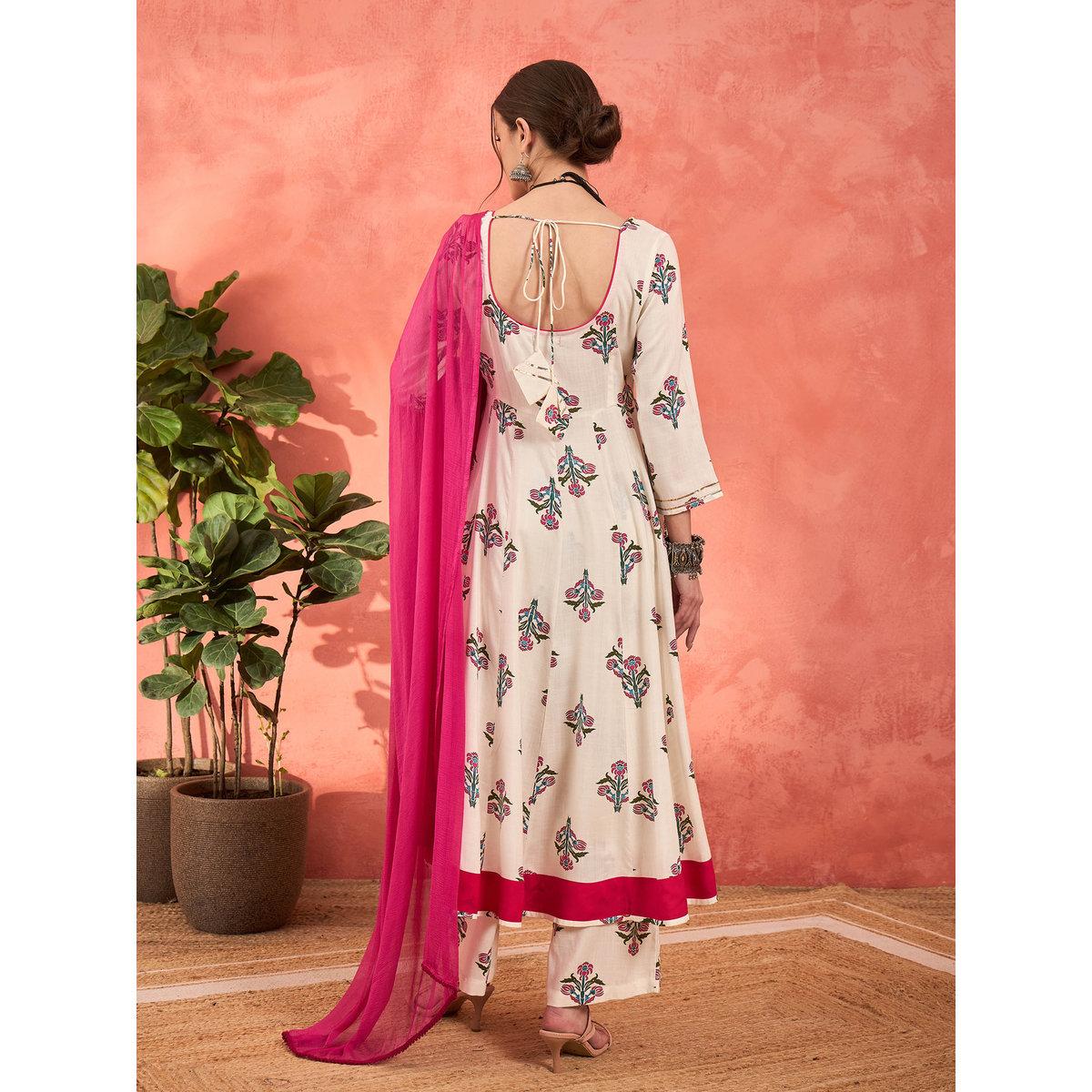 Shae by SASSAFRAS White Floral Rayon Anarkali Kurta with Straight Pants and Dupatta Set-women-clothing-ethnicwear-sareesets-image-6