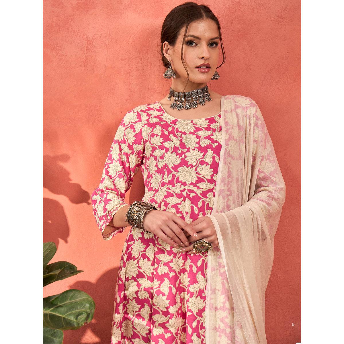 طقم من كورتا بطبعة زهور مع بنطال ودوباتا-women-clothing-ethnicwear-sareesets-image-1