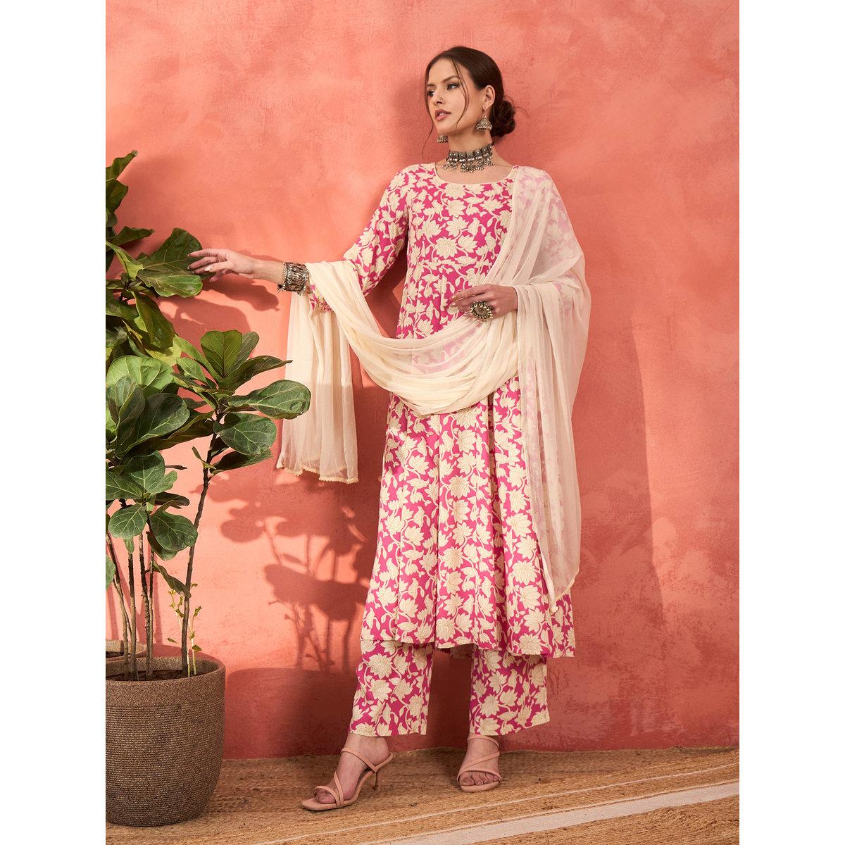 Shae by SASSAFRAS Pink Floral Rayon Anarkali Kurta with Straight Pants and Dupatta Set-women-clothing-ethnicwear-sareesets-image-2