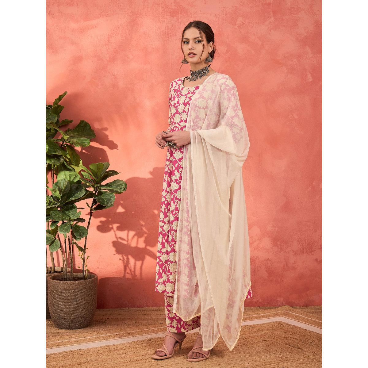 Shae by SASSAFRAS Pink Floral Rayon Anarkali Kurta with Straight Pants and Dupatta Set-women-clothing-ethnicwear-sareesets-image-3