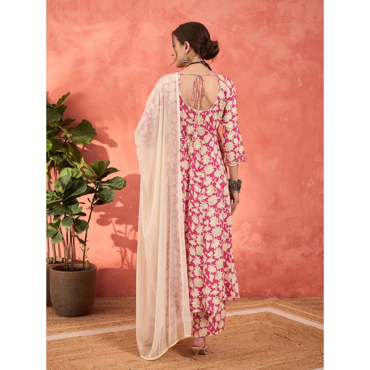 طقم من كورتا بطبعة زهور مع بنطال ودوباتا-women-clothing-ethnicwear-sareesets-image-6