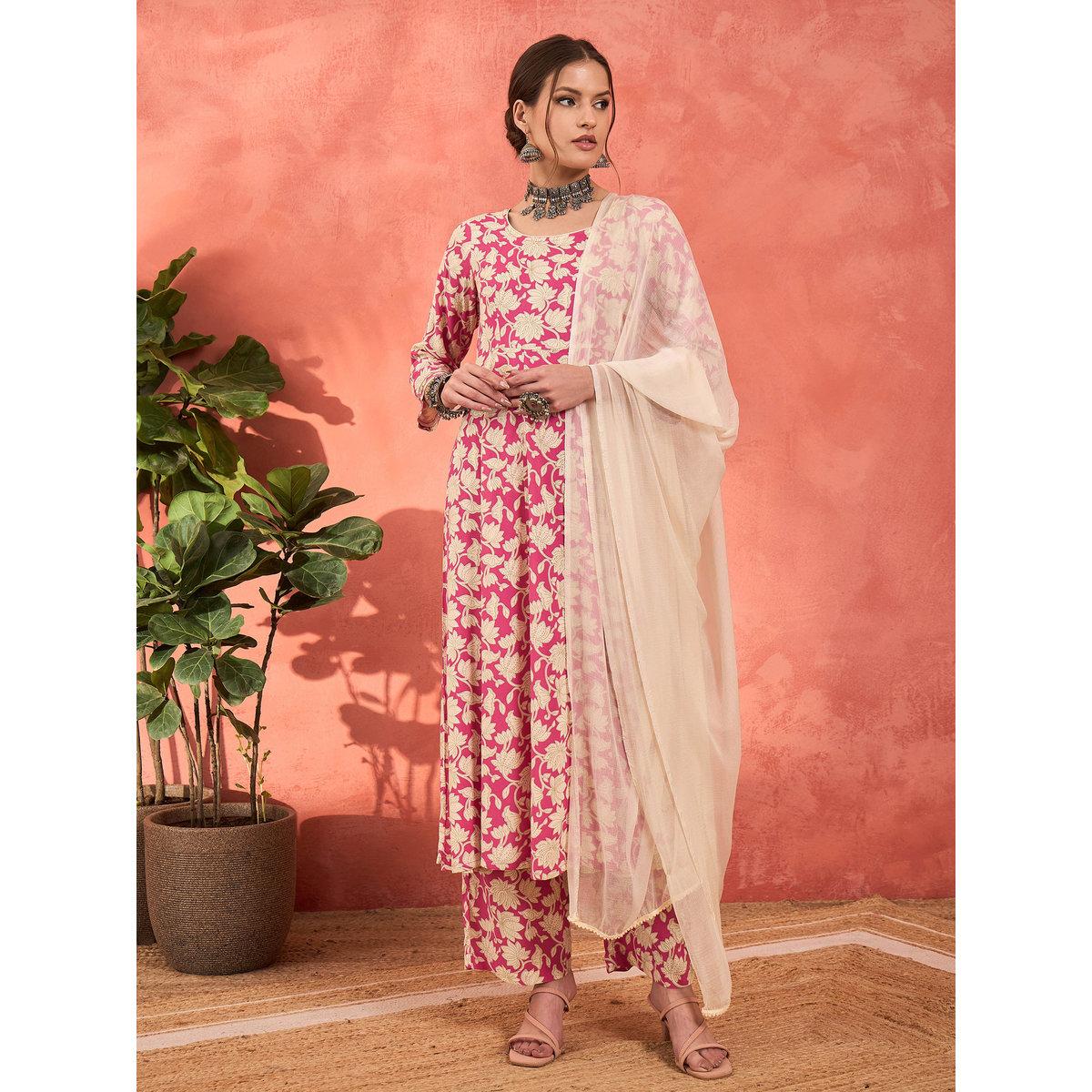 Shae by SASSAFRAS Pink Floral Rayon Anarkali Kurta with Straight Pants and Dupatta Set-women-clothing-ethnicwear-sareesets-image-7