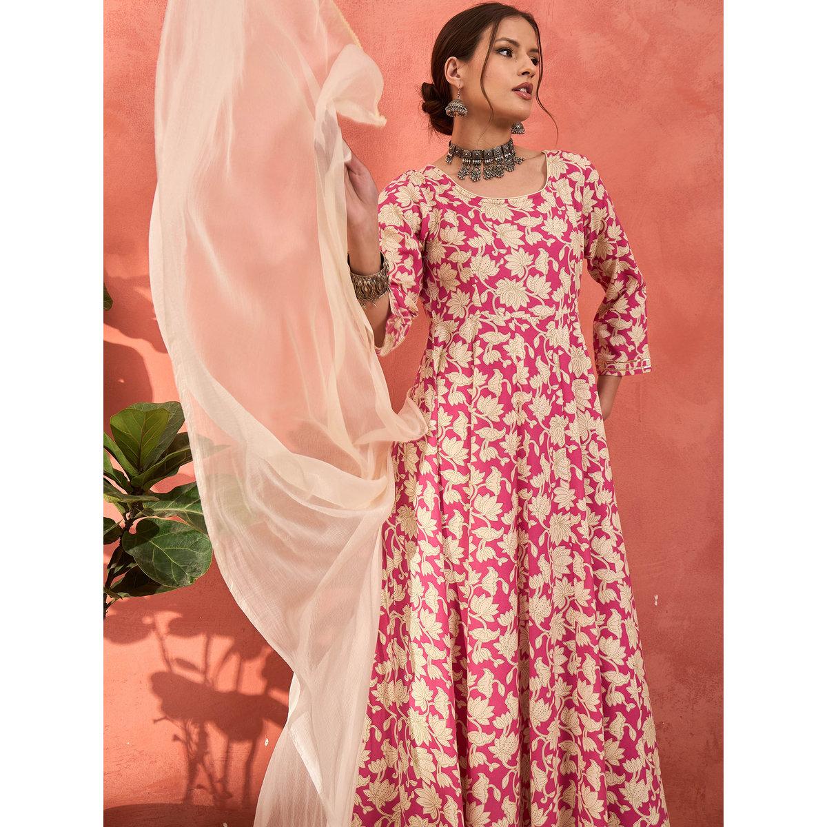 طقم من كورتا بطبعة زهور مع بنطال ودوباتا-women-clothing-ethnicwear-sareesets-image-9