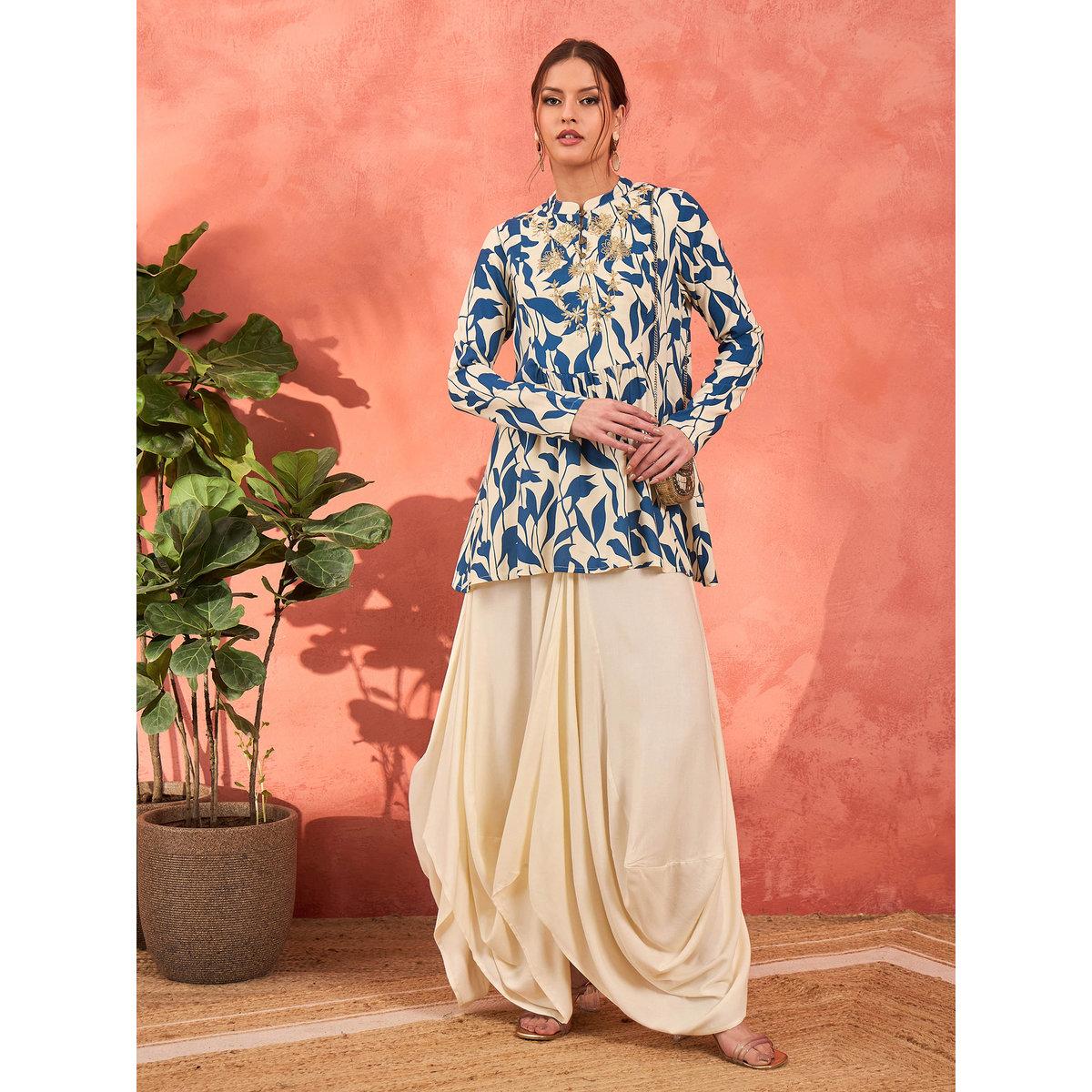 Shae by SASSAFRAS Blue Floral Embroidered Rayon Peplum Top with Solid Dhoti Skirt Set-women-clothing-ethnicwear-kurtasets-image-2