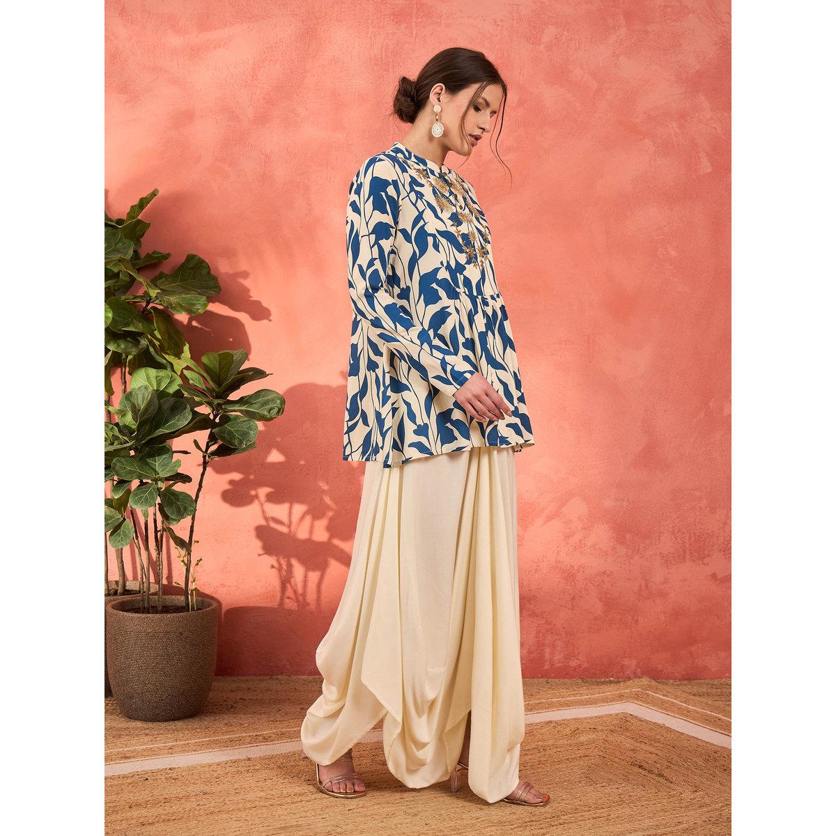 Shae by SASSAFRAS Blue Floral Embroidered Rayon Peplum Top with Solid Dhoti Skirt Set-women-clothing-ethnicwear-kurtasets-image-3
