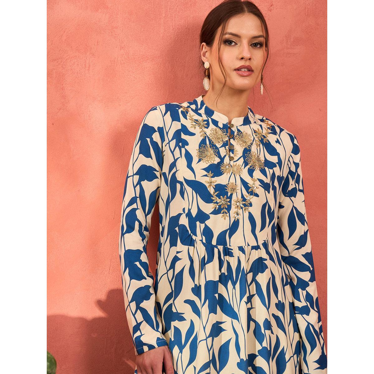 Shae by SASSAFRAS Blue Floral Embroidered Rayon Peplum Top with Solid Dhoti Skirt Set-women-clothing-ethnicwear-kurtasets-image-4