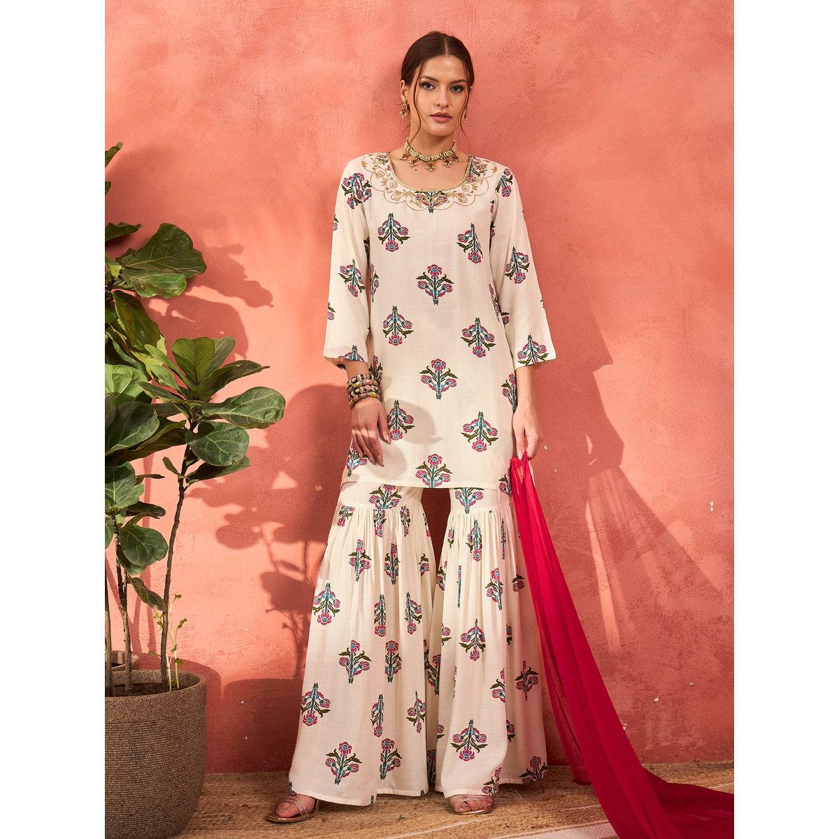 Shae by SASSAFRAS White Floral Embroidered Kurta with Sharara Pants and Dupatta Set-women-clothing-ethnicwear-kurtasets-image-1