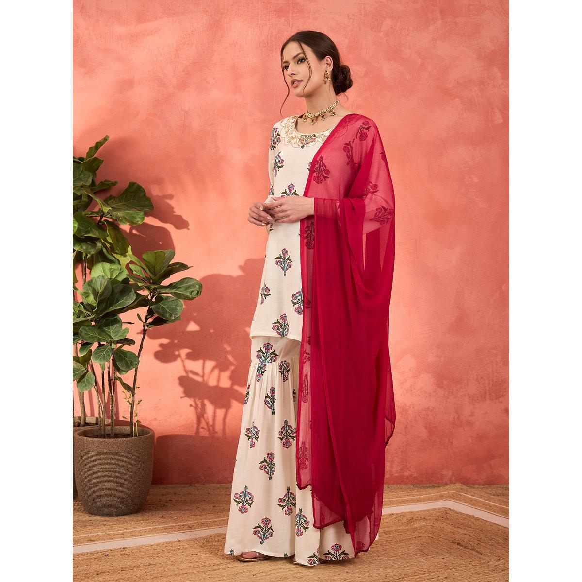 Shae by SASSAFRAS White Floral Embroidered Kurta with Sharara Pants and Dupatta Set-women-clothing-ethnicwear-kurtasets-image-3
