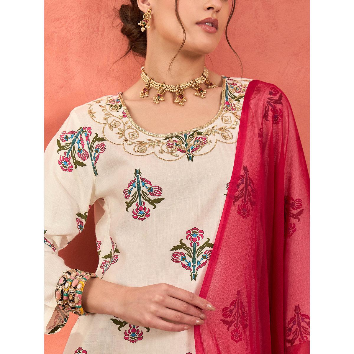 طقم من كورتا بتفاصيل مُطرزة مع بنطال شرارة ودوباتا-women-clothing-ethnicwear-kurtasets-image-4