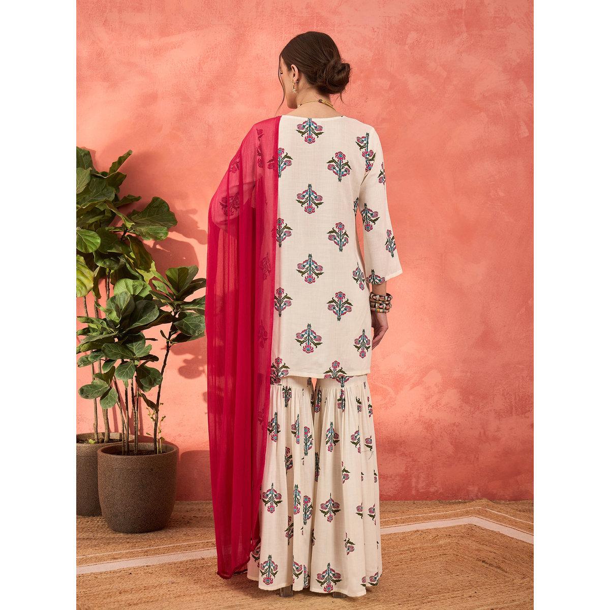 Shae by SASSAFRAS White Floral Embroidered Kurta with Sharara Pants and Dupatta Set-women-clothing-ethnicwear-kurtasets-image-6