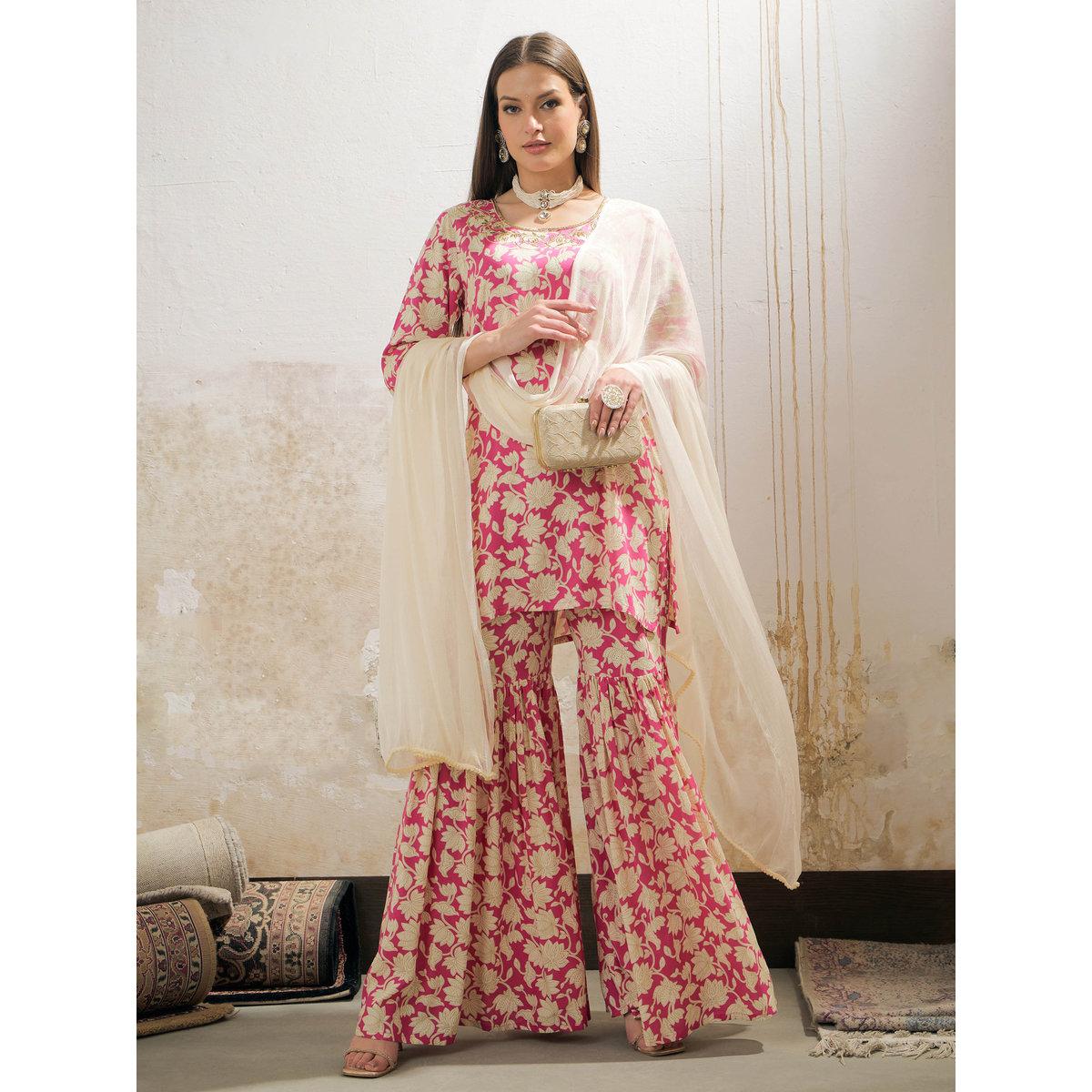 Shae by SASSAFRAS Pink Floral Embroidered Kurta with Sharara Pants and Dupatta Set-women-clothing-ethnicwear-kurtasets-image-1