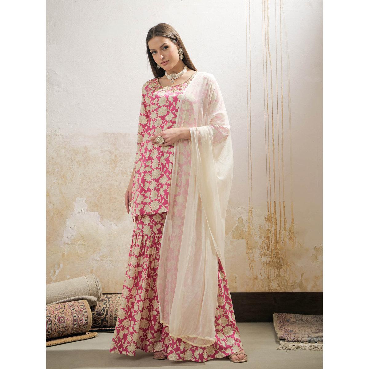 Shae by SASSAFRAS Pink Floral Embroidered Kurta with Sharara Pants and Dupatta Set-women-clothing-ethnicwear-kurtasets-image-2
