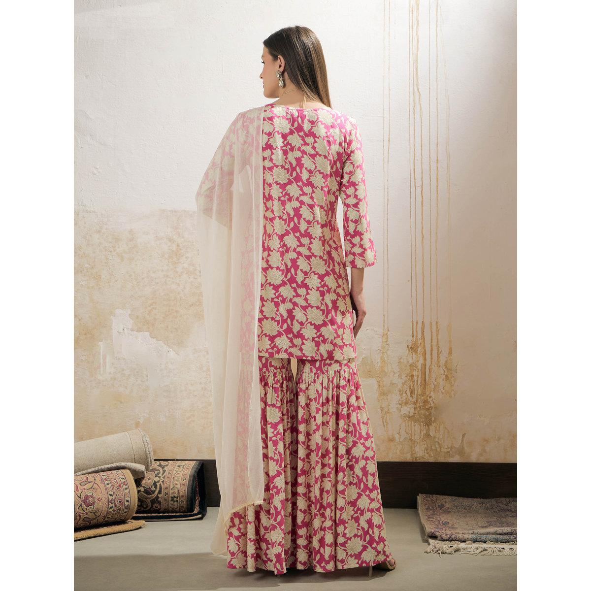 Shae by SASSAFRAS Pink Floral Embroidered Kurta with Sharara Pants and Dupatta Set-women-clothing-ethnicwear-kurtasets-image-5