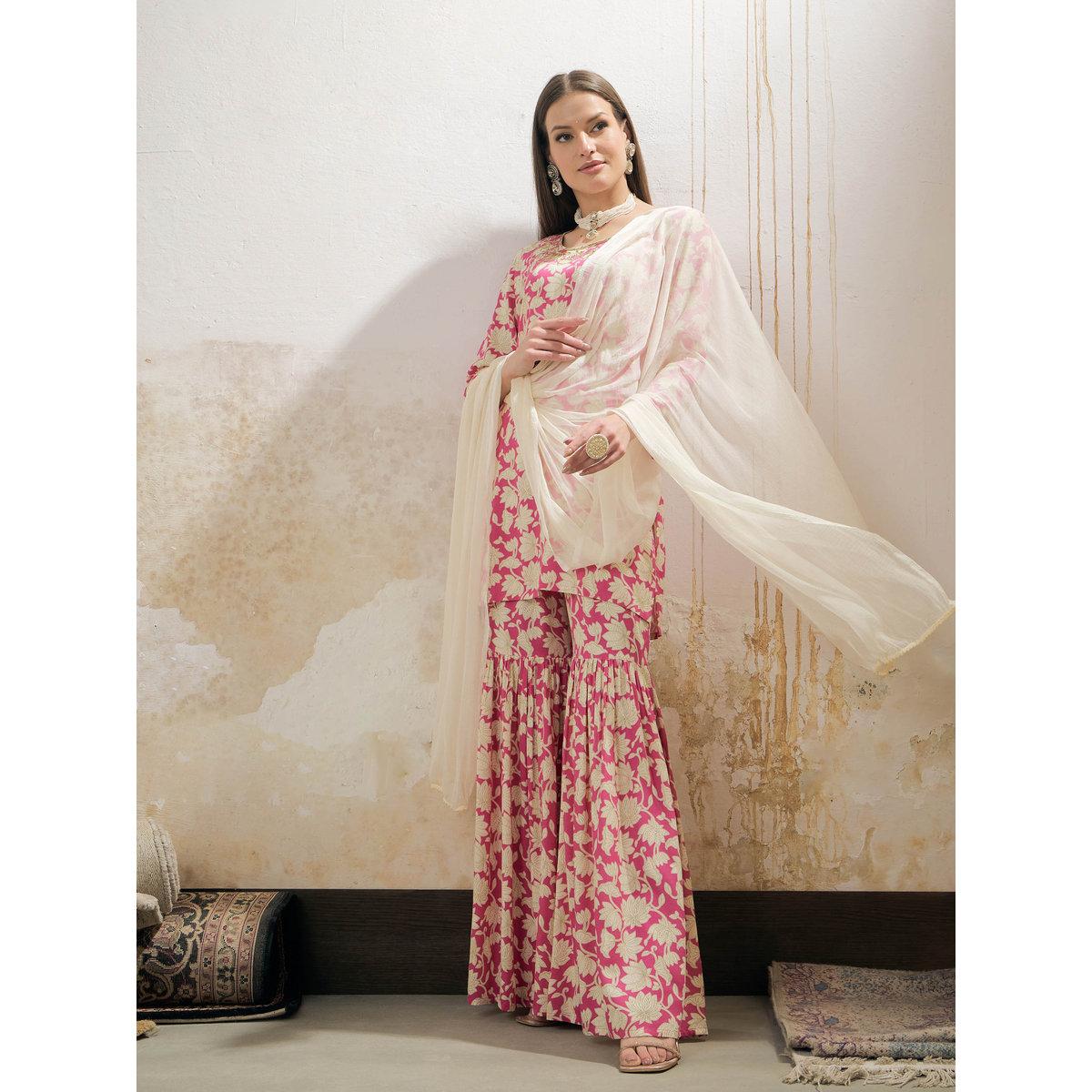 Shae by SASSAFRAS Pink Floral Embroidered Kurta with Sharara Pants and Dupatta Set-women-clothing-ethnicwear-kurtasets-image-8