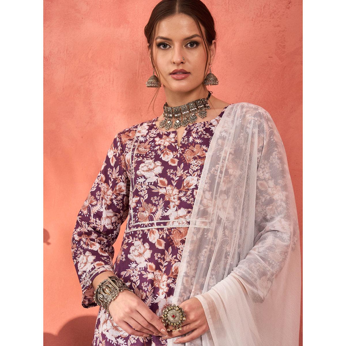 طقم من كورتا بطبعة زهور مع بنطال ودوباتا-women-clothing-ethnicwear-sareesets-image-1