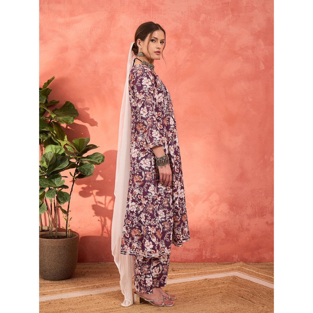 Shae by SASSAFRAS Purple Floral Cambric Kurta with Pencil Pants and Dupatta Set-women-clothing-ethnicwear-sareesets-image-2