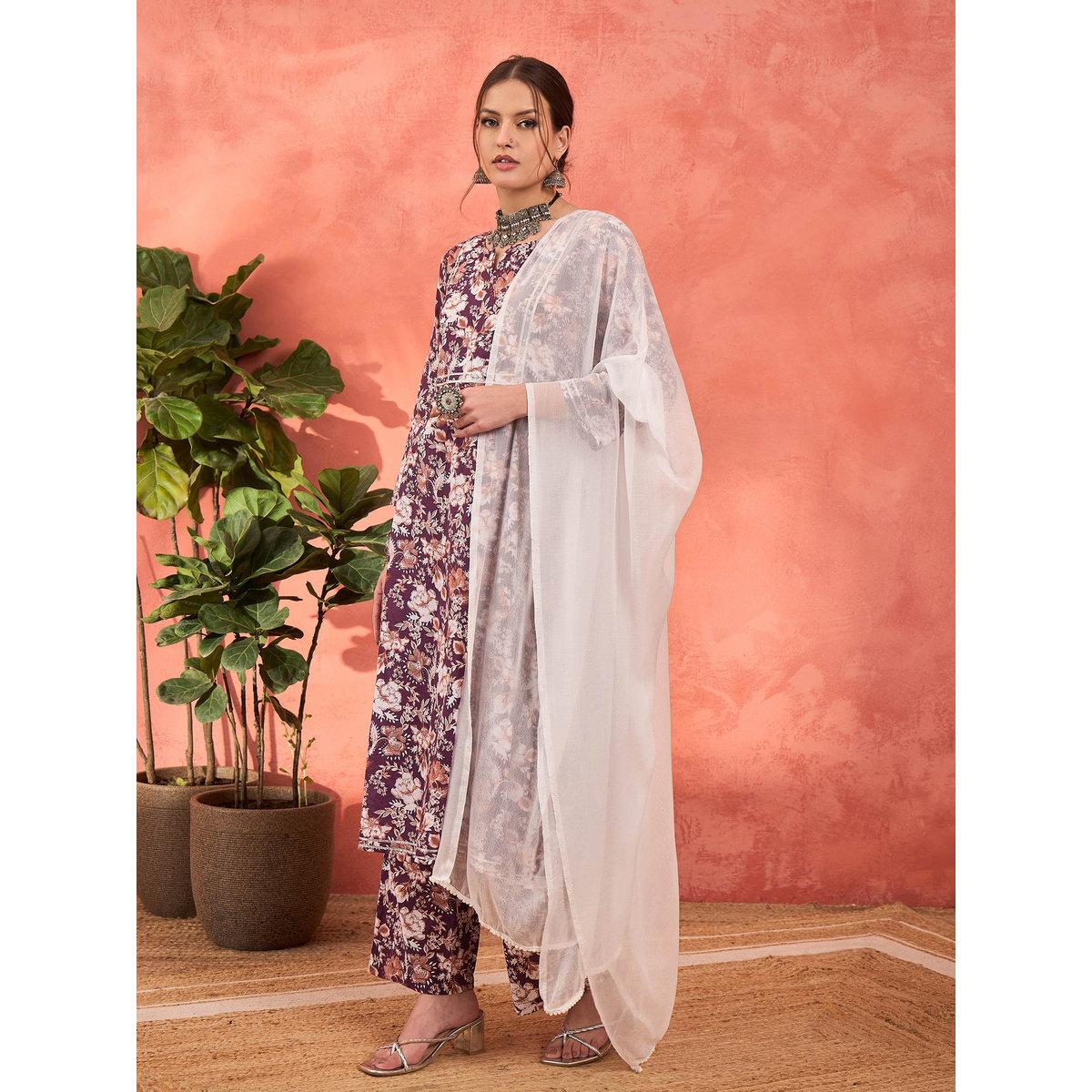 Shae by SASSAFRAS Purple Floral Cambric Kurta with Pencil Pants and Dupatta Set-women-clothing-ethnicwear-sareesets-image-3