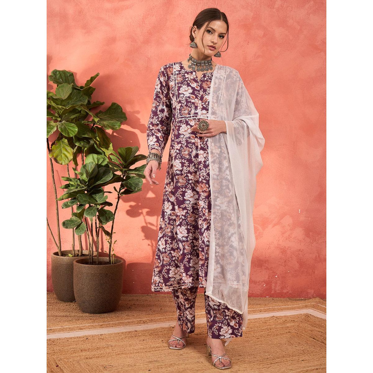 Shae by SASSAFRAS Purple Floral Cambric Kurta with Pencil Pants and Dupatta Set-women-clothing-ethnicwear-sareesets-image-4