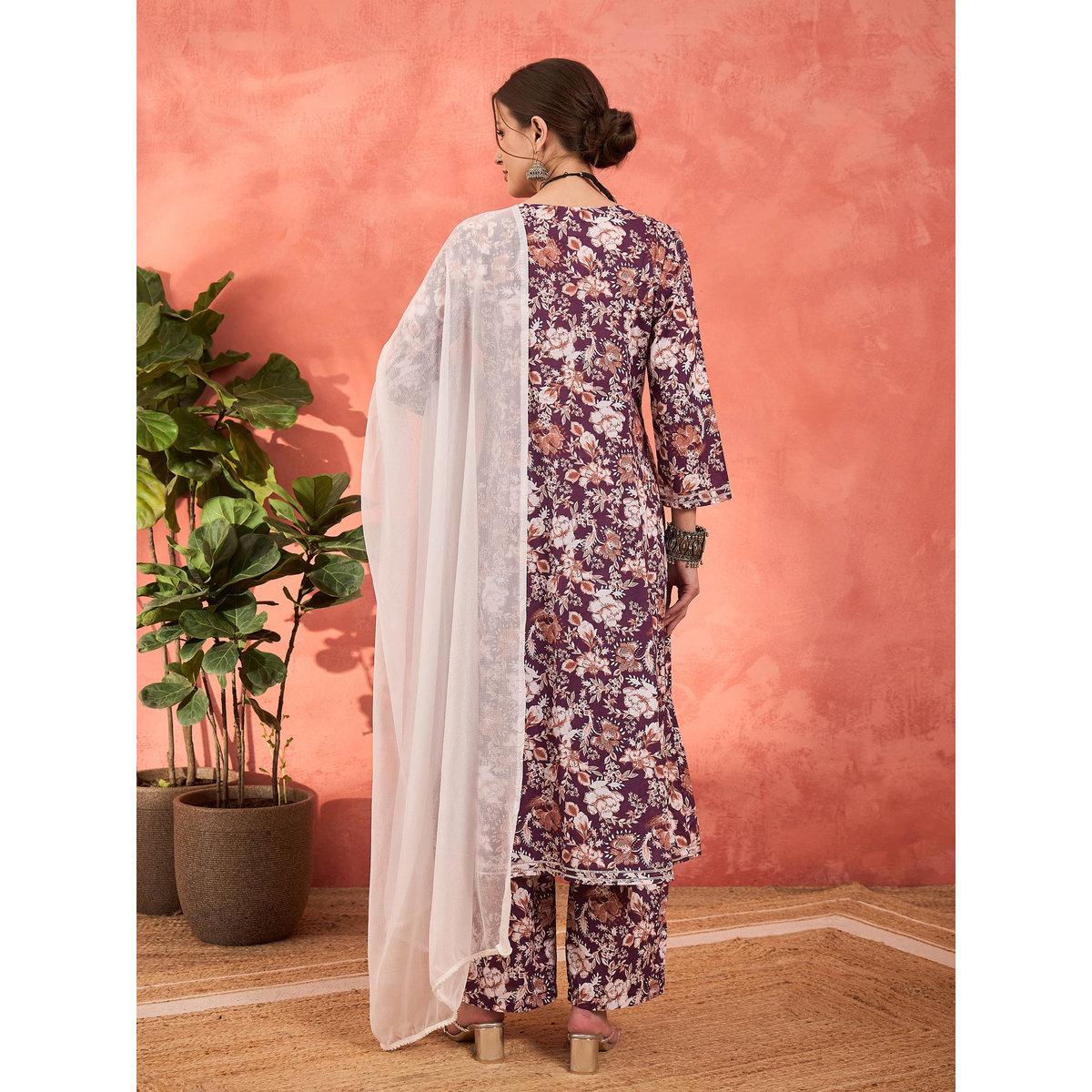 طقم من كورتا بطبعة زهور مع بنطال ودوباتا-women-clothing-ethnicwear-sareesets-image-6