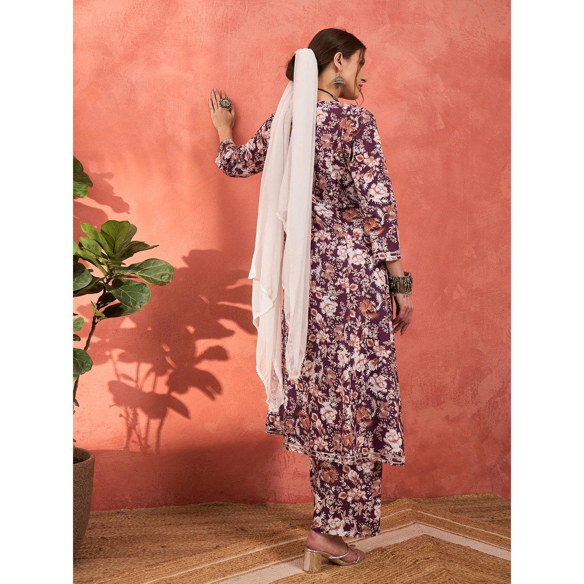 طقم من كورتا بطبعة زهور مع بنطال ودوباتا-women-clothing-ethnicwear-sareesets-image-8