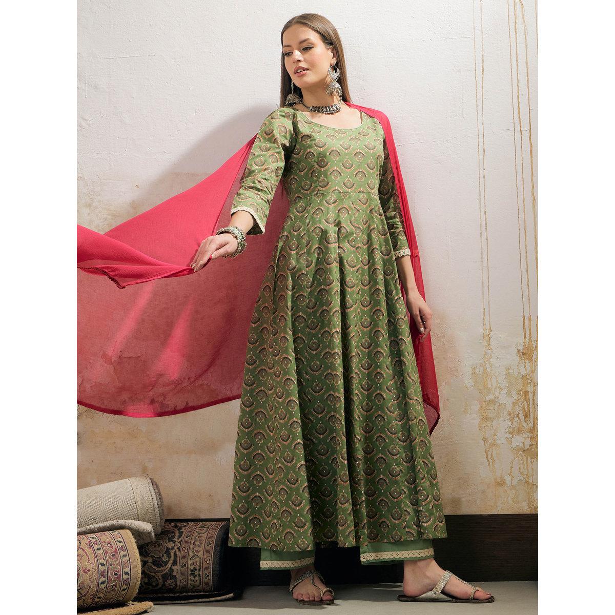 طقم من كورتا بطبعة زهور مع بنطال ودوباتا-women-clothing-ethnicwear-sareesets-image-1