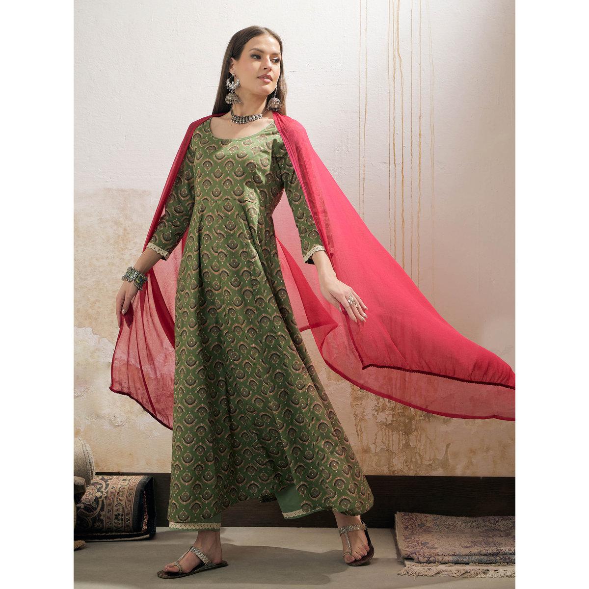 Shae by SASSAFRAS Green Floral Print Anarkali Kurta with Pencil Pants and Dupatta Set-women-clothing-ethnicwear-sareesets-image-2