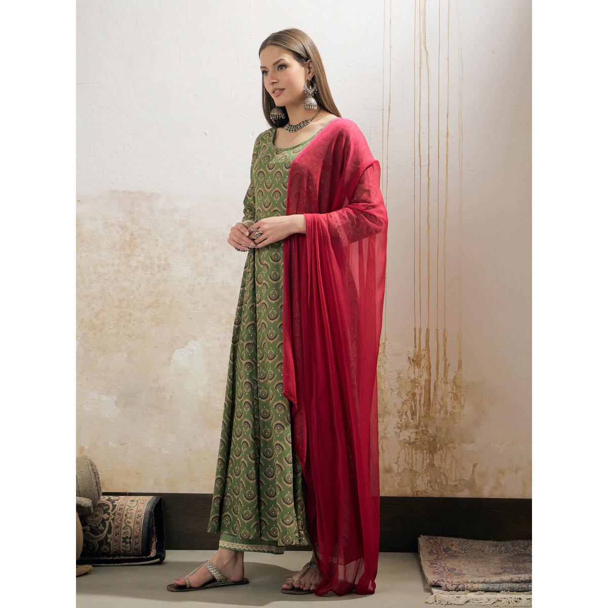 طقم من كورتا بطبعة زهور مع بنطال ودوباتا-women-clothing-ethnicwear-sareesets-image-3