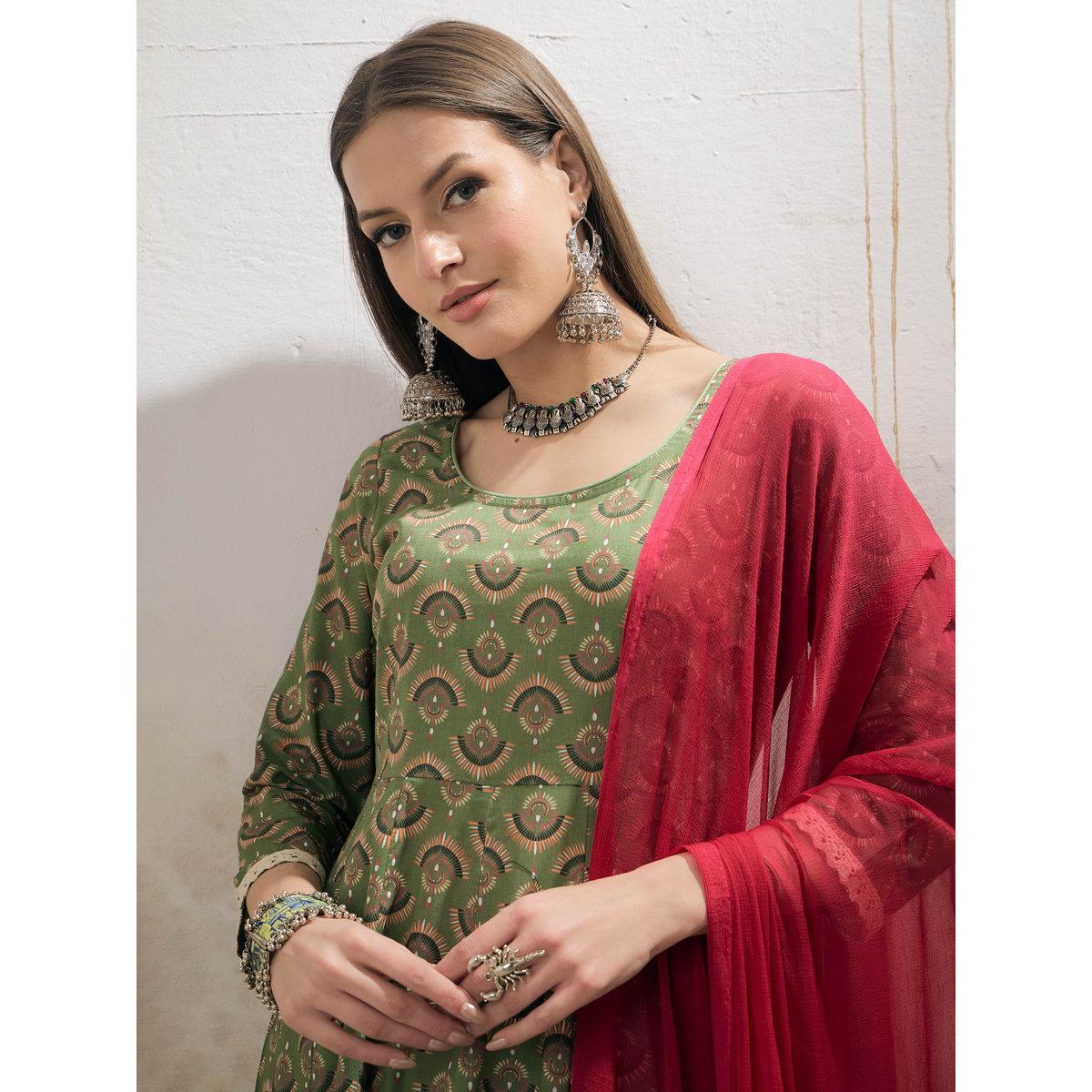 طقم من كورتا بطبعة زهور مع بنطال ودوباتا-women-clothing-ethnicwear-sareesets-image-4