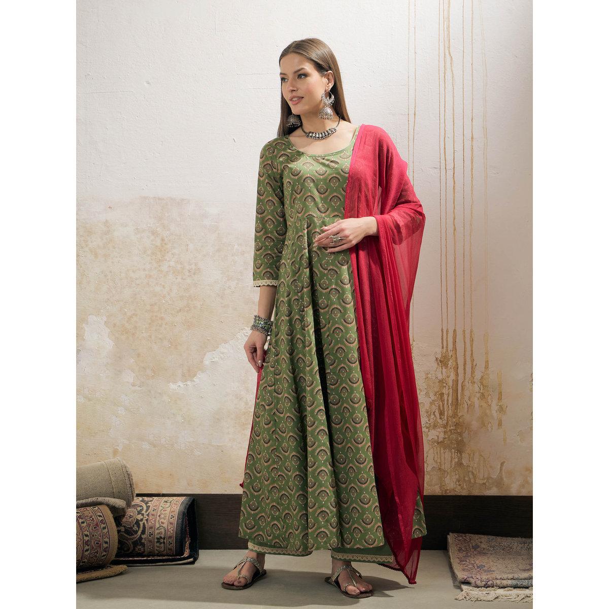 طقم من كورتا بطبعة زهور مع بنطال ودوباتا-women-clothing-ethnicwear-sareesets-image-8