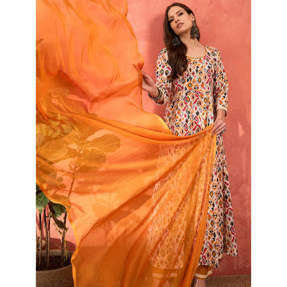 طقم من كورتا بطبعة زهور مع بنطال ودوباتا-women-clothing-ethnicwear-sareesets-image-1