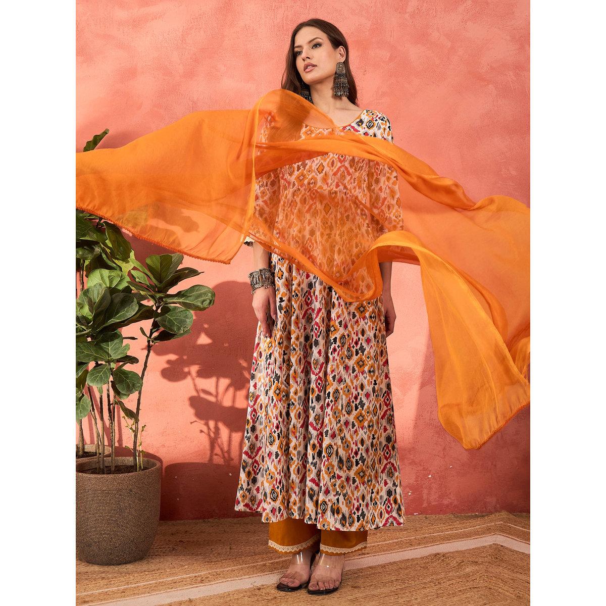 طقم من كورتا بطبعة زهور مع بنطال ودوباتا-women-clothing-ethnicwear-sareesets-image-2