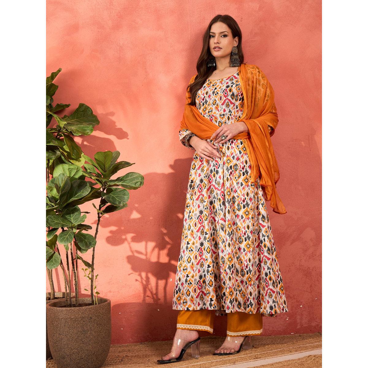 طقم من كورتا بطبعة زهور مع بنطال ودوباتا-women-clothing-ethnicwear-sareesets-image-3