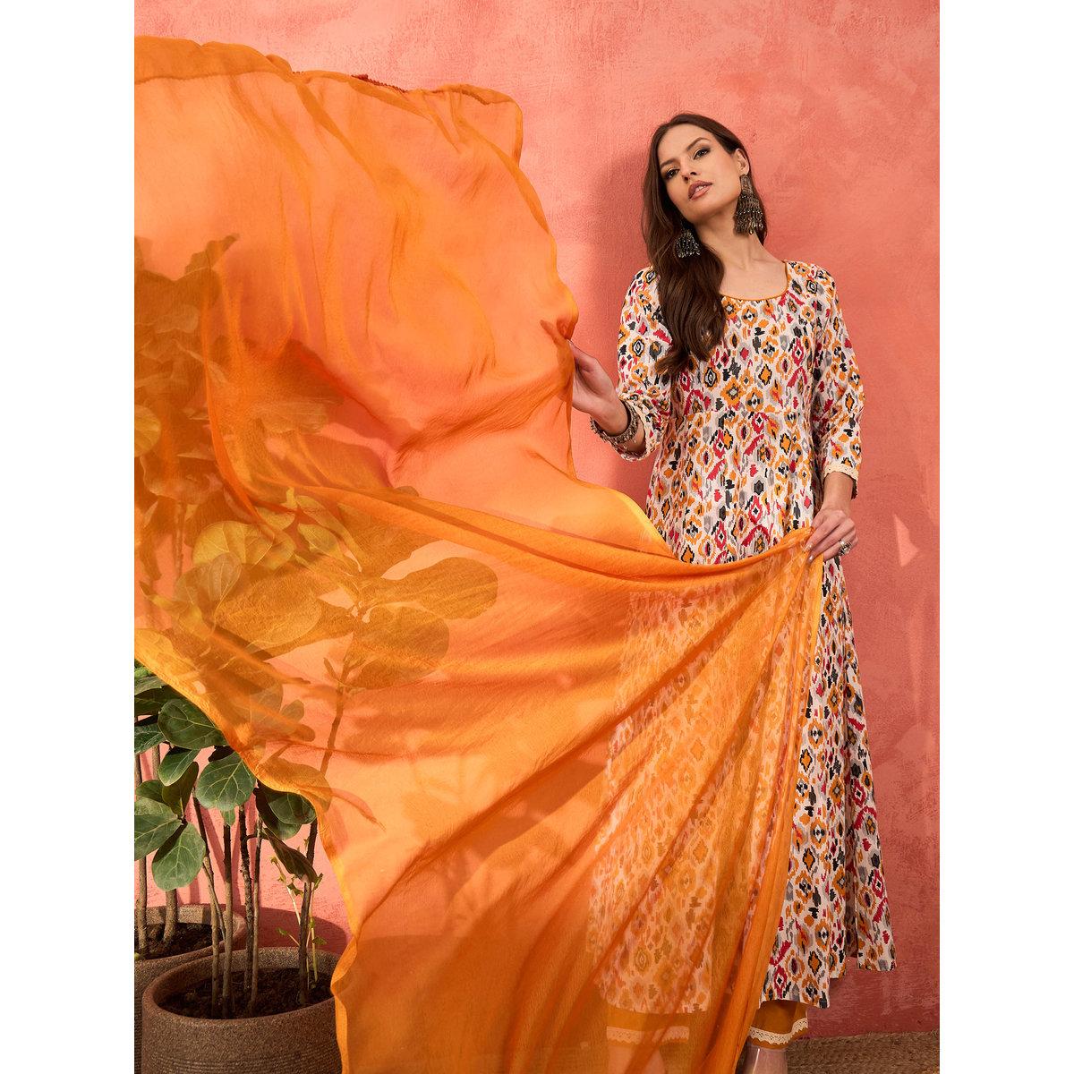 طقم من كورتا بطبعة زهور مع بنطال ودوباتا-women-clothing-ethnicwear-sareesets-image-8