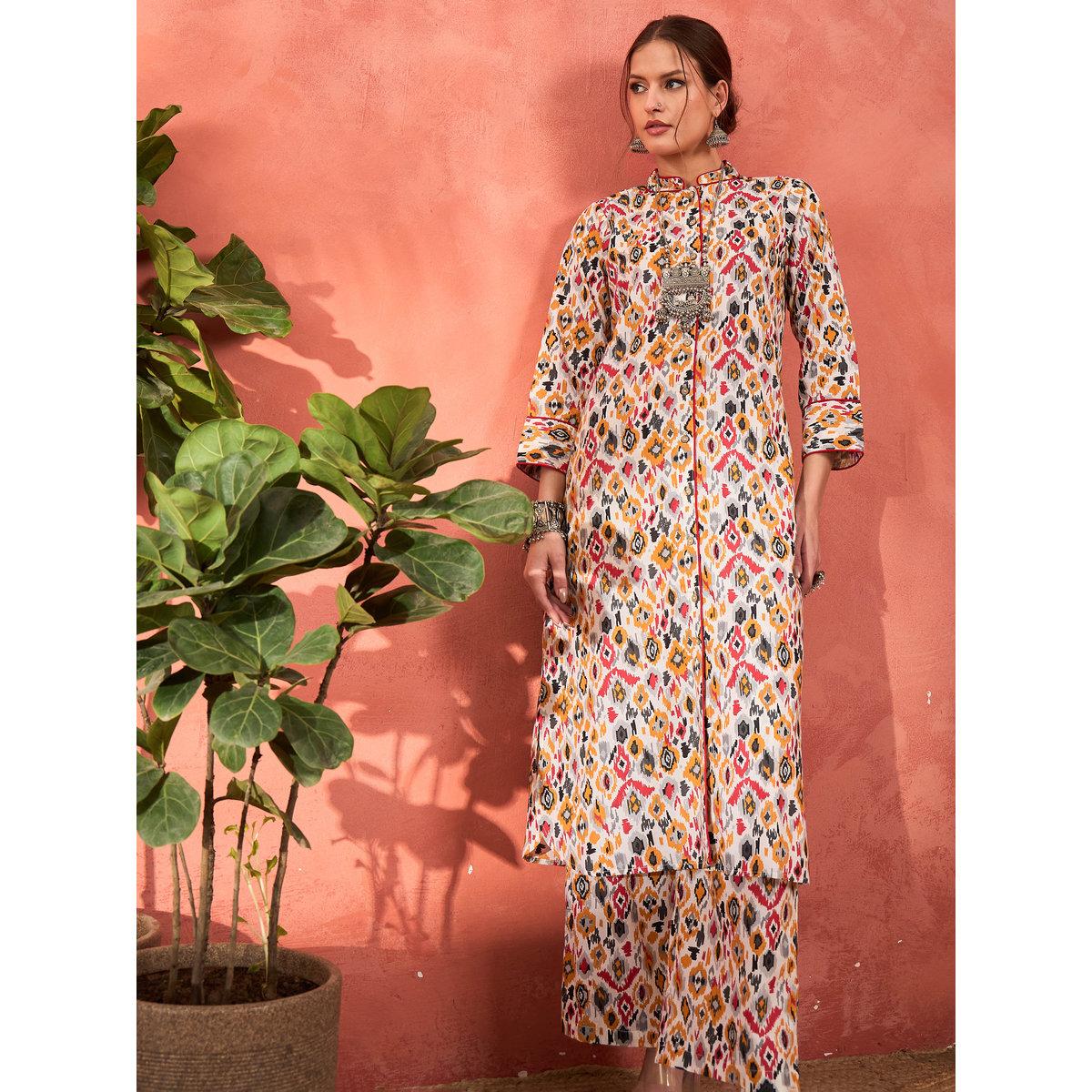 Shae by SASSAFRAS White Printed Front Button Kurta with Pencil Pants Set-women-clothing-ethnicwear-kurtasets-image-1