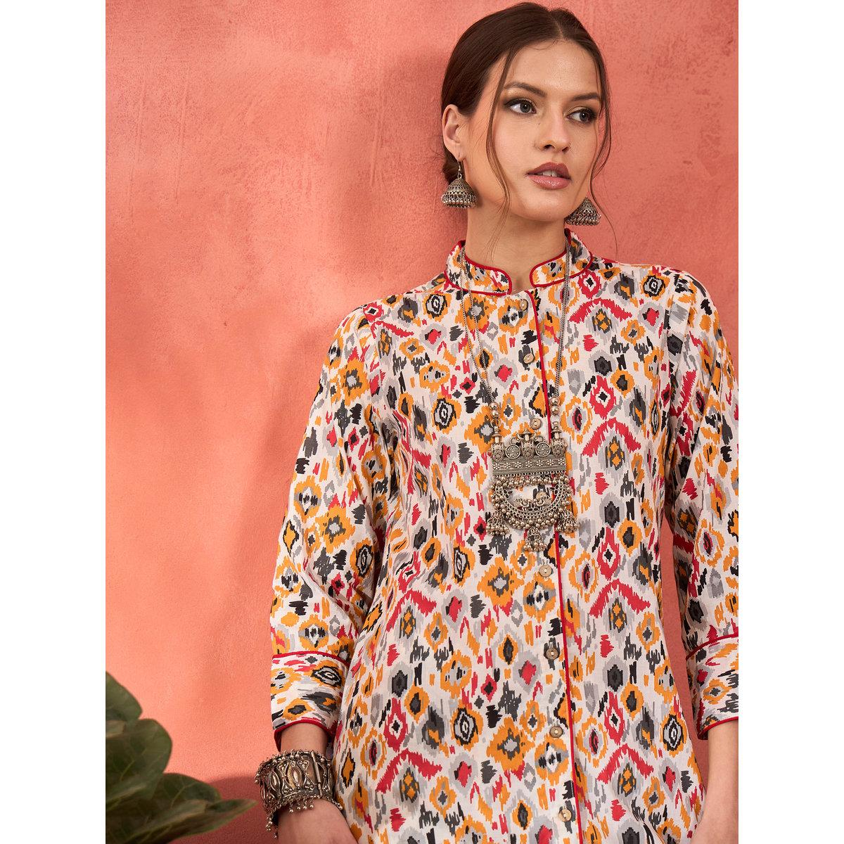 Shae by SASSAFRAS White Printed Front Button Kurta with Pencil Pants Set-women-clothing-ethnicwear-kurtasets-image-2