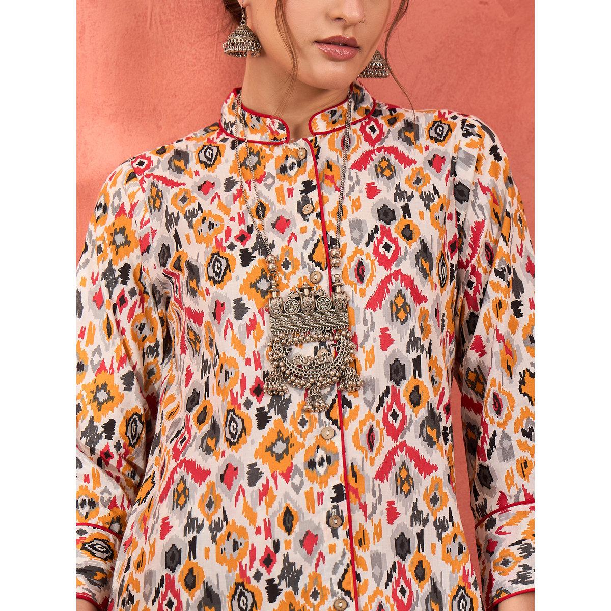 Shae by SASSAFRAS White Printed Front Button Kurta with Pencil Pants Set-women-clothing-ethnicwear-kurtasets-image-4