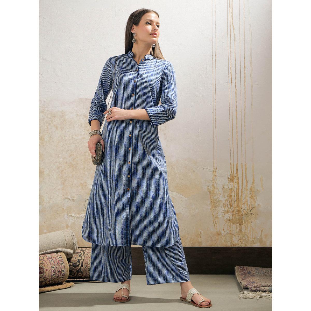 Shae by SASSAFRAS Blue Stripes Cambric Front Button Kurta with Pencil Pants Set-women-clothing-ethnicwear-kurtasets-image-1