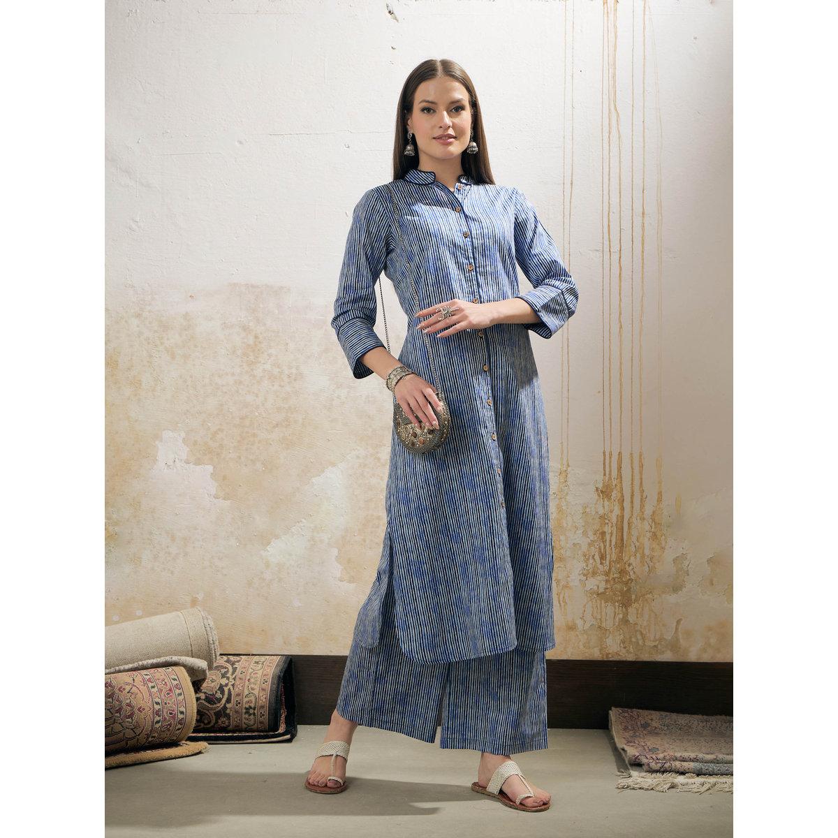 Shae by SASSAFRAS Blue Stripes Cambric Front Button Kurta with Pencil Pants Set-women-clothing-ethnicwear-kurtasets-image-2